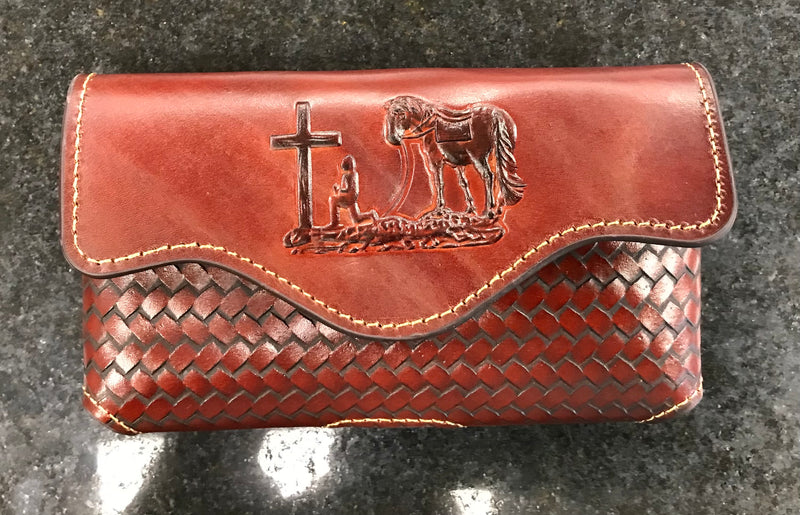 Top Notch Accessories 2073BR Brown Basket Weave Leather Horizontal XL Phone Case w/Praying Cowboy Embossed