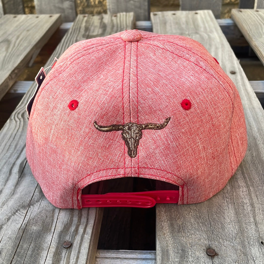 Heather Red snapback cap with a graphic of two longhorn steers on the front and a small longhorn on the rear. Rear View 
