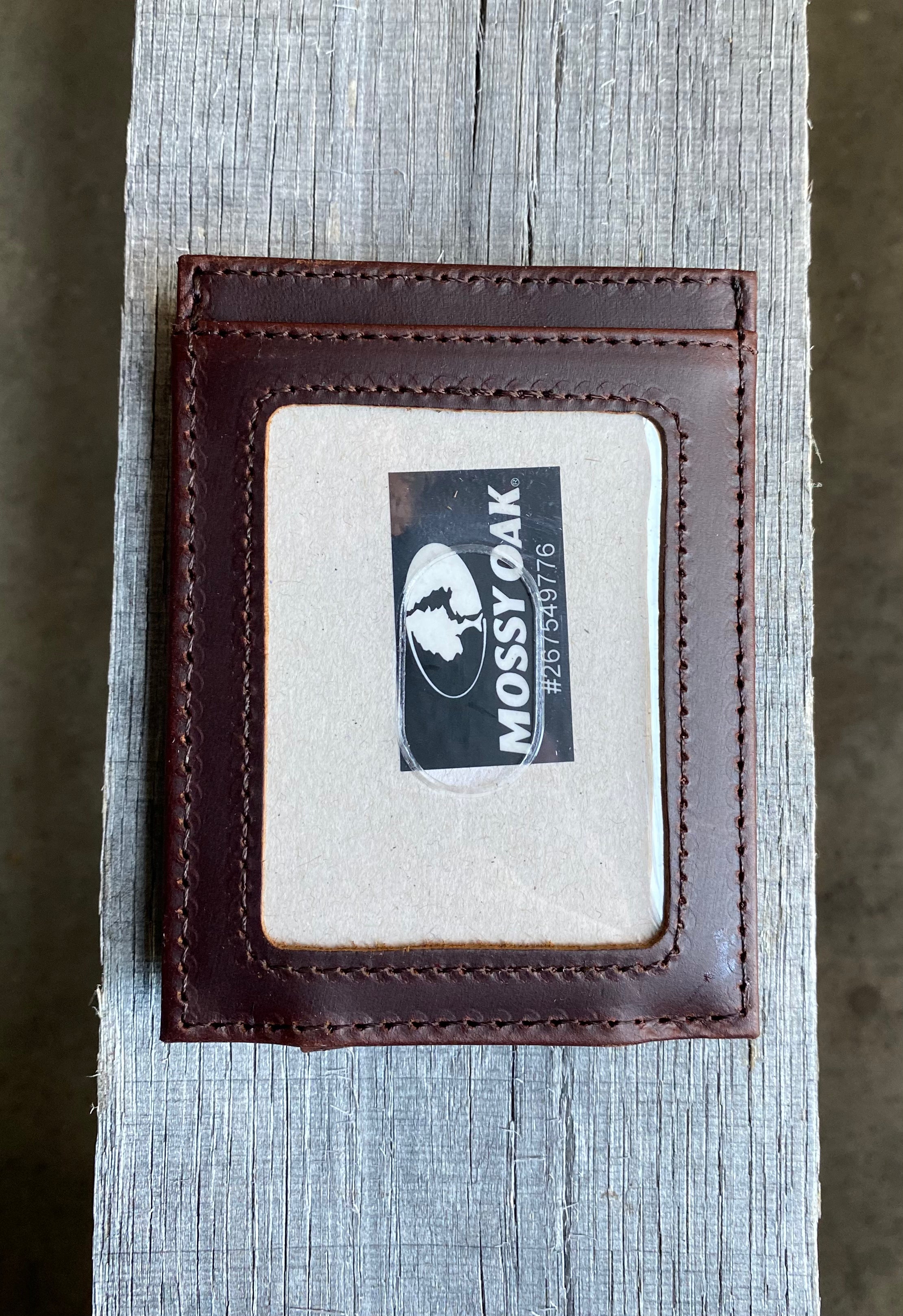 Zep-Pro Shotgun Shell Mossy Oak Camo Front Pocket Wallet back view  shows clear plastic ID window.