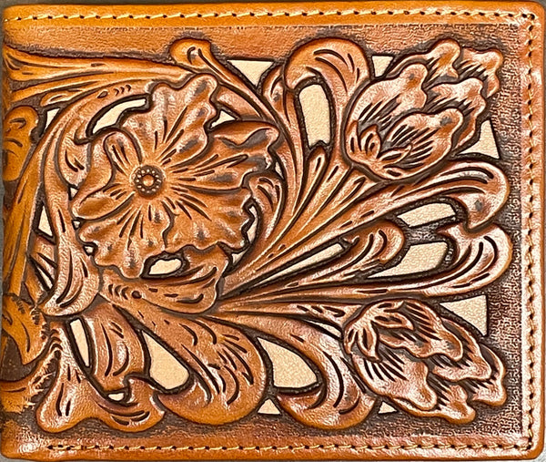 Top Notch Accessories 6013-3L.BR Light Brown Floral Tooled w/Tan Inlay Bi-Fold Wallet