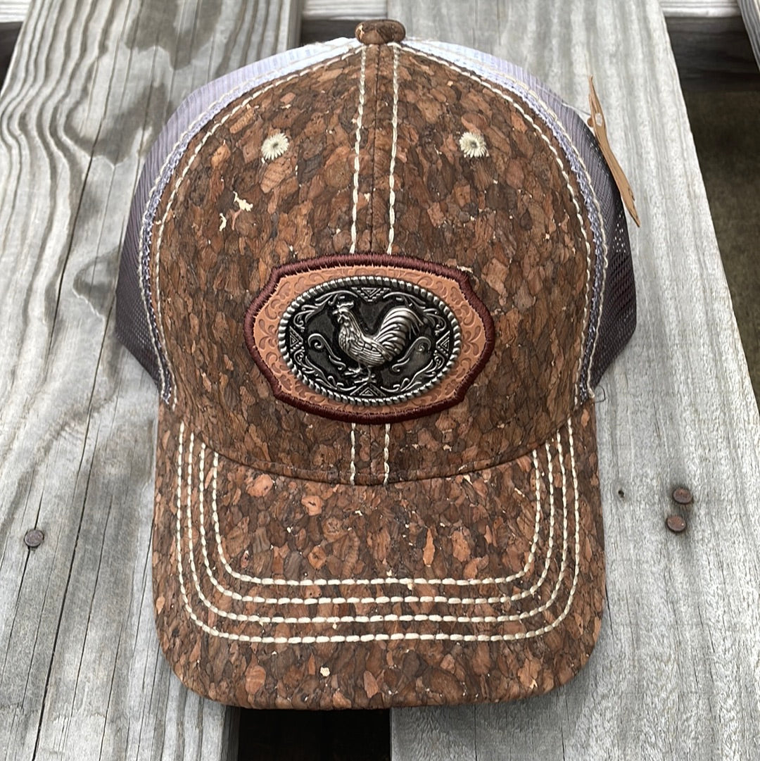 Brown Cork Snapback Trucker Cap with Rooster Concho