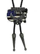 American shaped bolo tie in Red, White, and Blue with a Eagle and American Pride lettering. It has a Black braided cord and metal tips and it is fully adjustable.