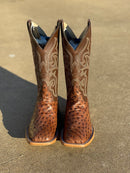 Men's Horse Power Top Hand Kango Tobacco Full Quill Ostrich square toe cowboy boots. These boots have a 13" chocolate shaft and a leather outsole.  Front view showing detailed stitch pattern on vamp. 