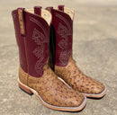Men's Anderson Bean square toe boots with Terra Vintage Full Quill Ostrich vamps and Matador Kidskin tops with a detailed stitch pattern and ostrich overlay on pull straps. 