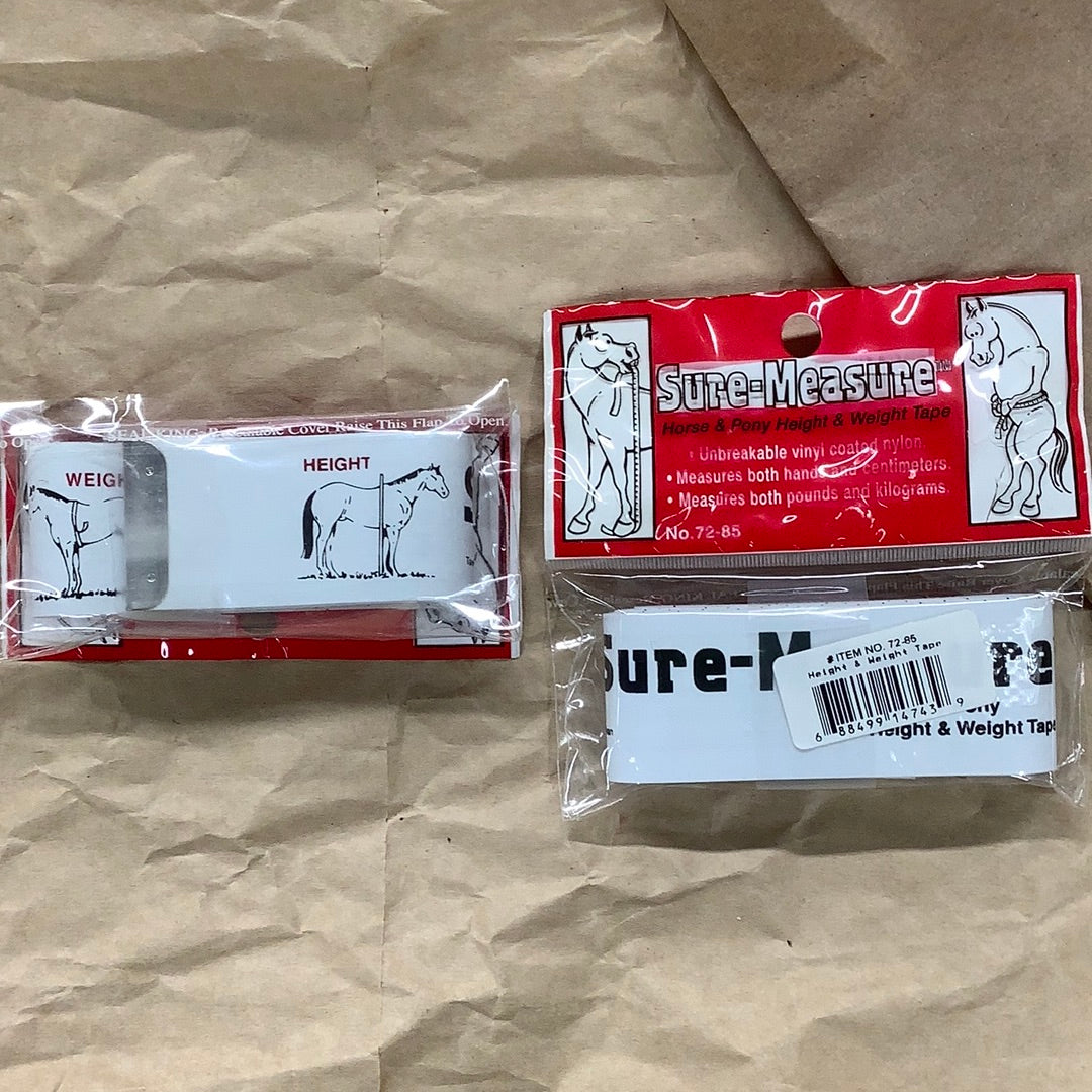 A packaged 'Sure-Measure' height and weight tape made to help estimate height and weight of a horse.