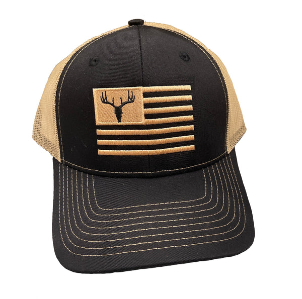 Deer Flag Embroidered HW-DFL-BLT Black/Khaki Snap Back Trucker Cap