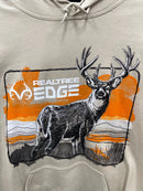 Closeup  front view of Khaki hoodie with a graphic print of a buck and the text Real Tree Camo Line of Sight. 
