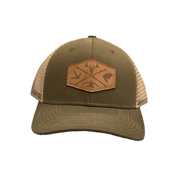 Hunters Logo Leather Patch HW-LOS-OB Olive Green/Khaki Snap Back Trucker Cap