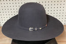 American Hat company open crown flat brim felt cowboy hat in Steel. Side view featuring buckle on hat band.