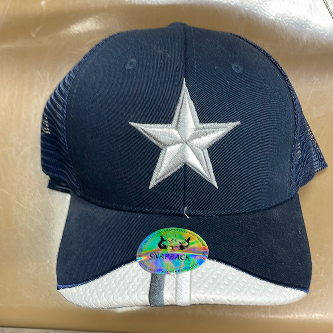 Navy and white Star embroidered snapback cap. Front View