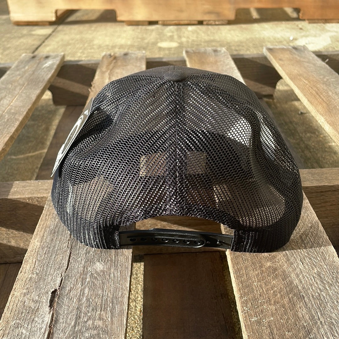 Black snapback cap with an embroidered American flag patch on the front and a mesh back. Rear View 