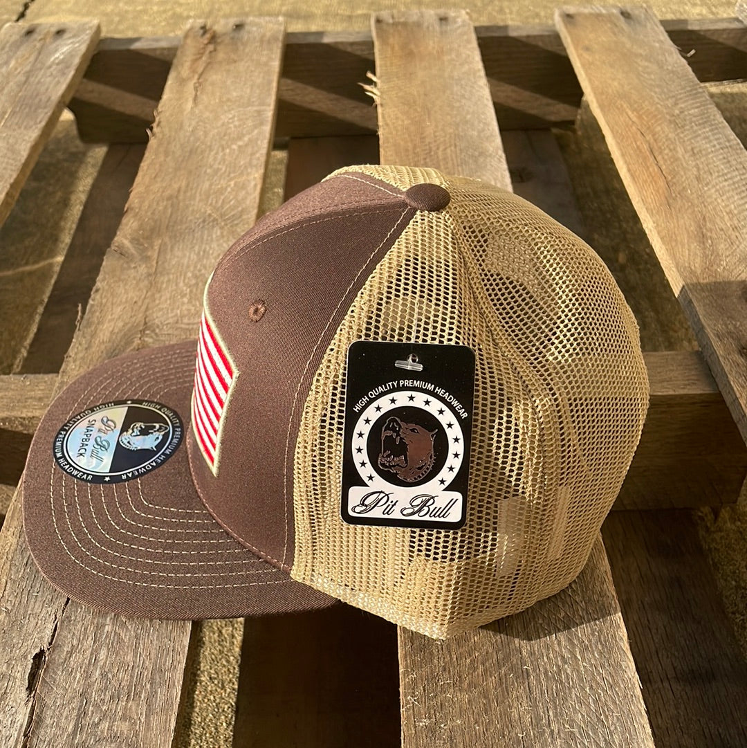 Brown and khaki snapback cap with an embroidered American flag patch on the front and a Khaki mesh back. Side View 