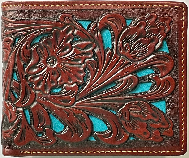 Top Notch Accessories 6013-2BR Brown Floral Tooled w/Turquoise Inlay Bi-Fold Wallet
