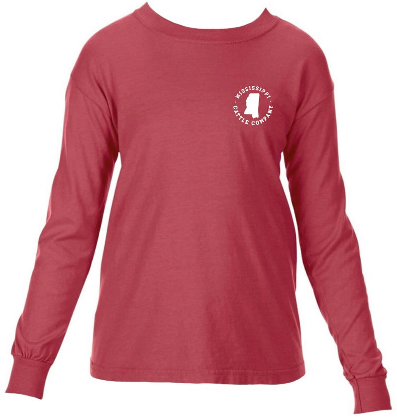 Youth YTHMSCATTLELS-1 Mississippi Cattle Company Crimson Long Sleeve Comfort Color T-Shirt