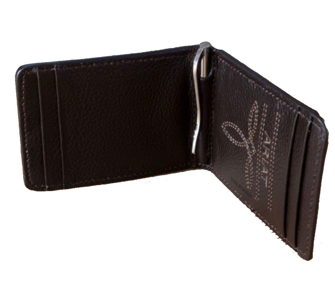 A distressed brown leather bi fold money clip wallet with an embossed USA flag and Ariat shield logo.  Inside view.