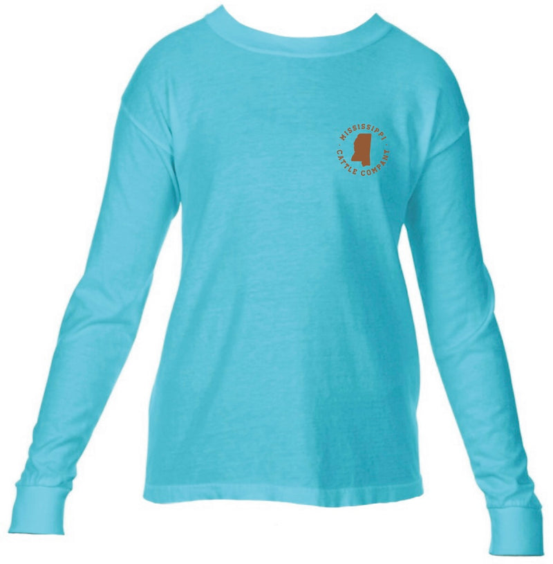 Youth YTHMSCATTLELS-7 Mississippi Cattle Company Lagoon Blue Long Sleeve Comfort Color T-Shirt