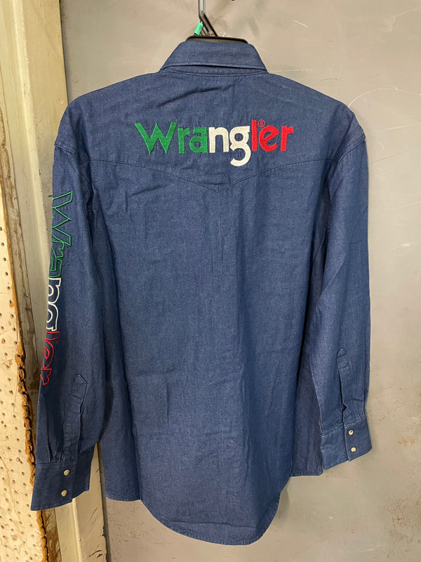 Men's Wrangler 112324642 Denim Mexican Flag Colors Logo Long Sleeve Western Snap Shirt