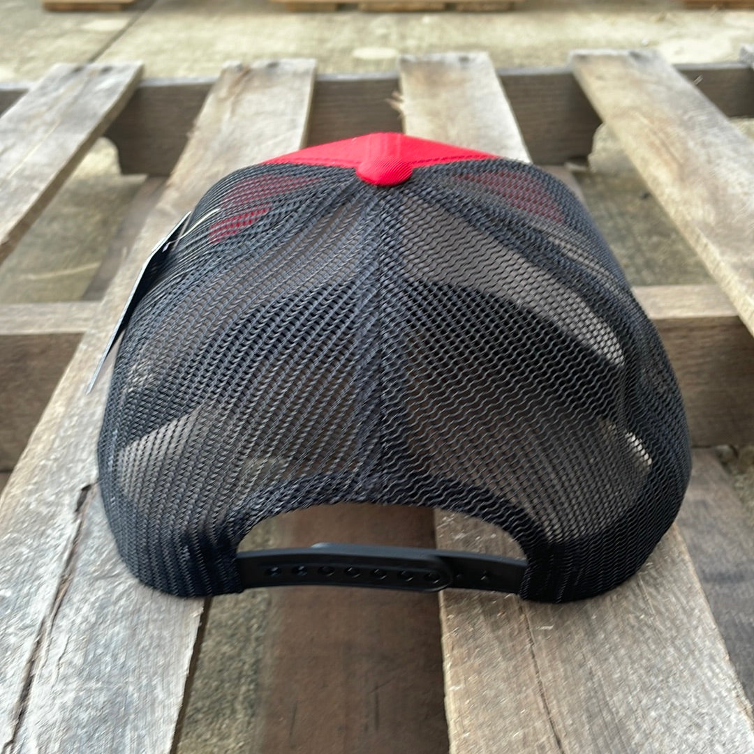 Red and Black cap with an embroidered American flag patch on the front. Rear View 