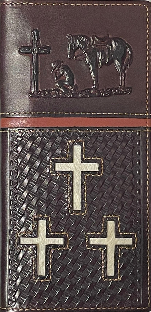 Top Notch Accessories 60204CF Coffee Embossed Praying Cowboy With 3 Hair-On Crosses Wallet