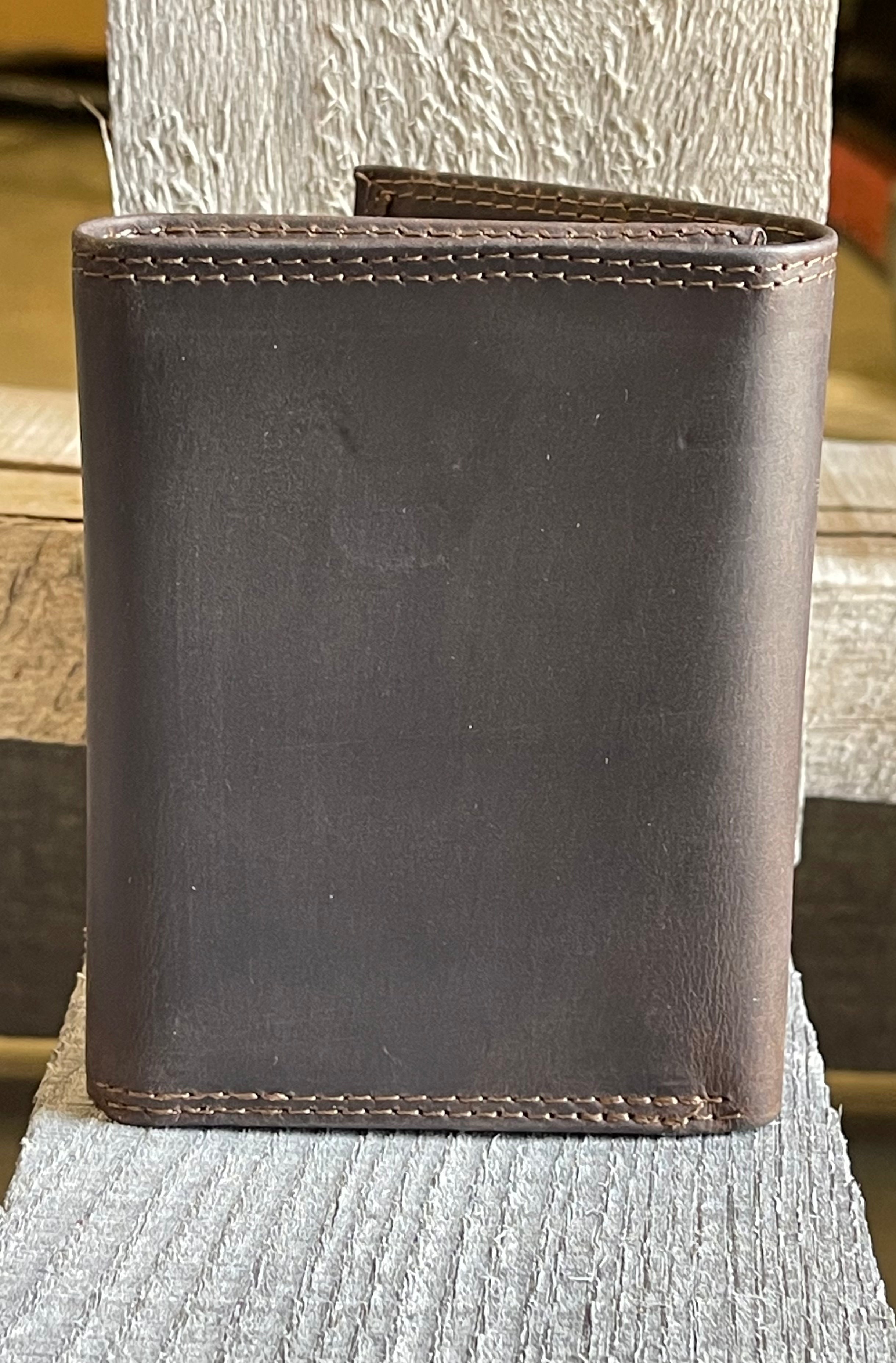 Back view of closed LSU "crazy horse" trifold wallet.