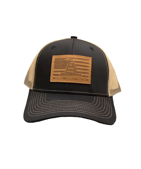 Don't Tread on Me Leather Patch HW-LDTM-BLT Black/Khaki Snap Back Trucker Cap