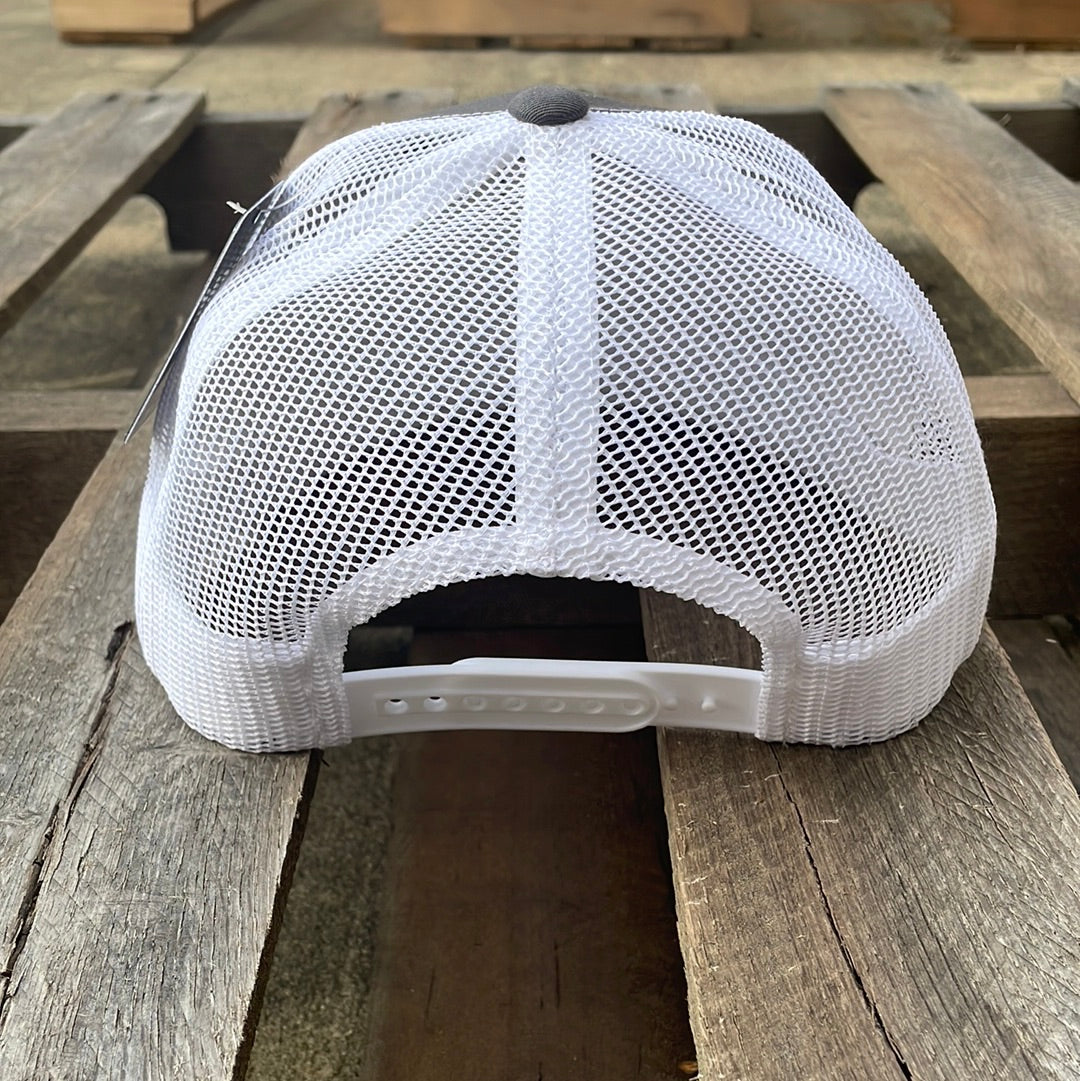 Charcoal and white mesh back Pit Bull Snapback cap with an embroidered American flag patch on the front.  Rear View 