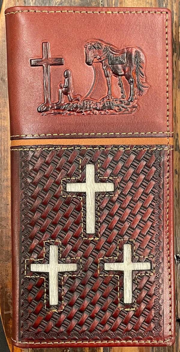 Top Notch Accessories 60204BR Brown Embossed Praying Cowboy w/ 3 Hairon Crosses Wallet