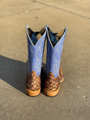 Men's Anderson Bean cowboy boots in cigar matte big bass and a royal sinsation top. Rear View
