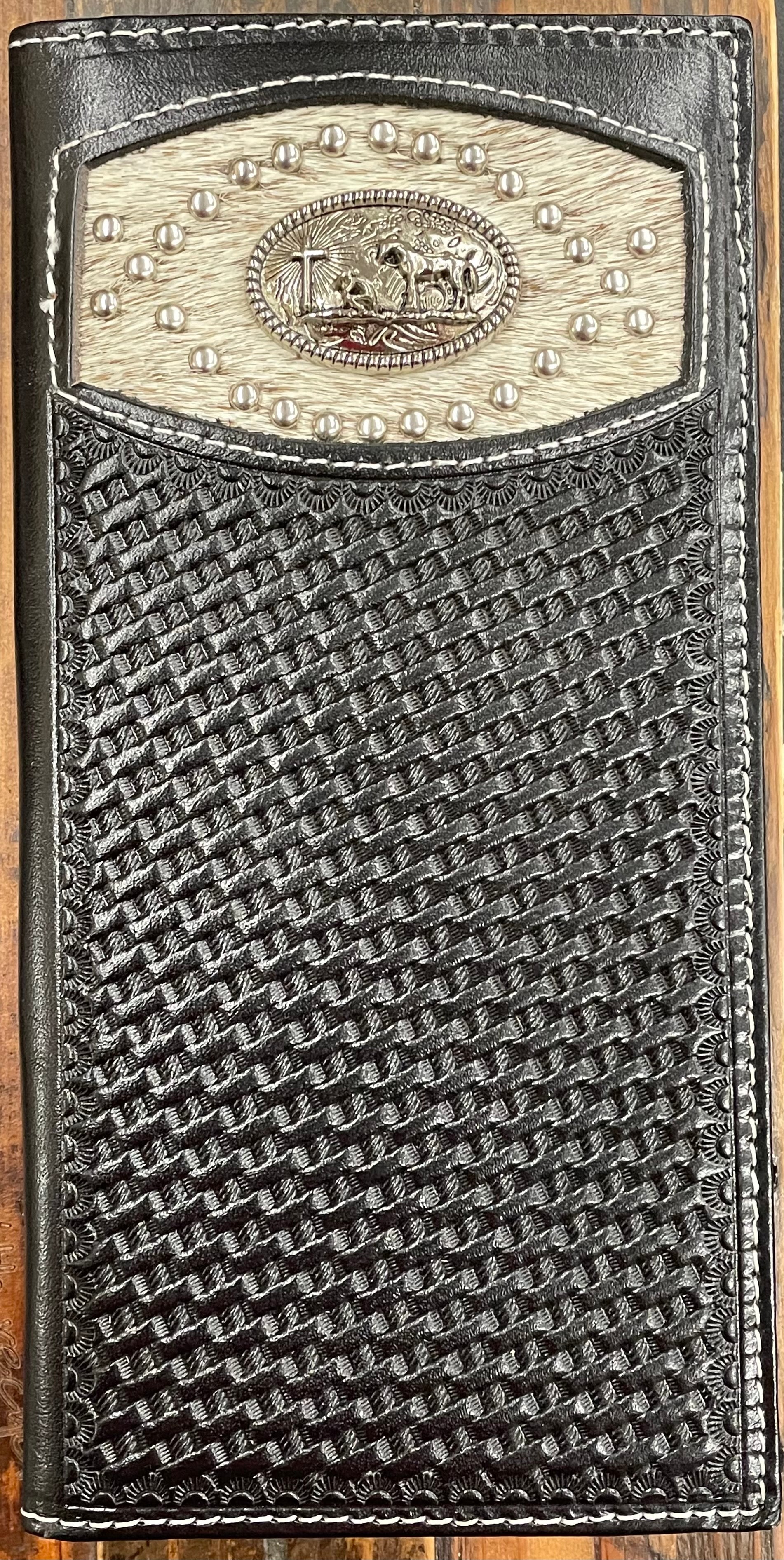 Top Notch Accessories Black Basketweave Leather Tall Wallet with Praying Cowboy Concho