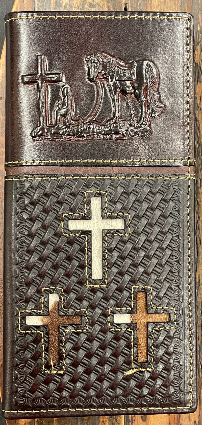 Top Notch Accessories 60204CF Coffee Embossed Praying Cowboy w/3 Hairon Crosses Wallet