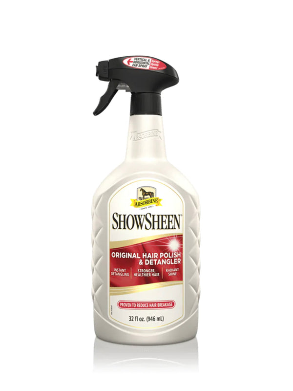 A bottle of Absorbine Showsheen Original Hair Polish & Detangler, 32 oz size, with a spray nozzle.