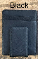 A black full grain leather money clip with six card slots. 