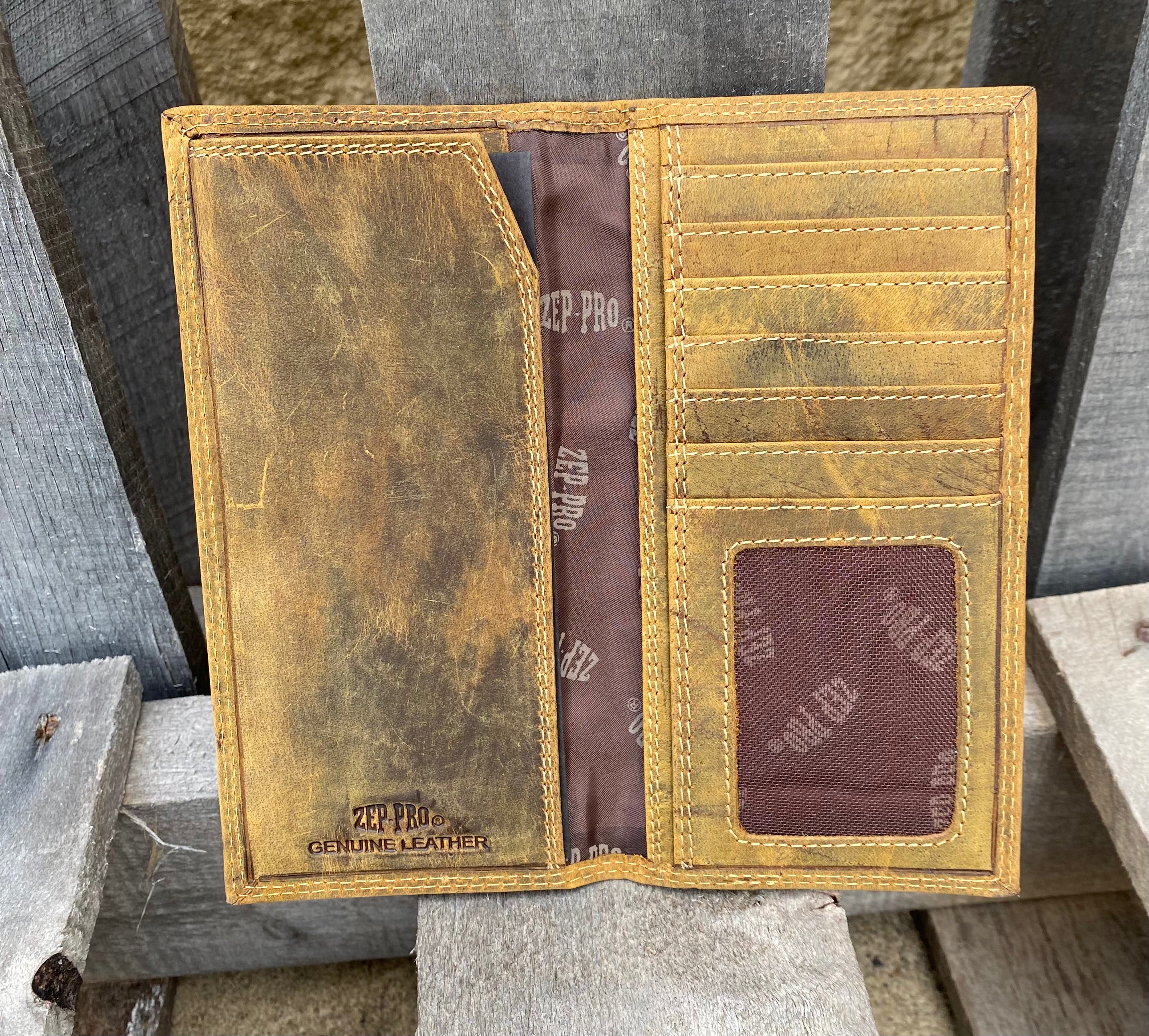 Zep Pro Louisiana State University Tigers Vintage Tan Leather Tall Wallet  inside view showing:
6 interior credit card slots
1 ID window
2 bill/cash compartments