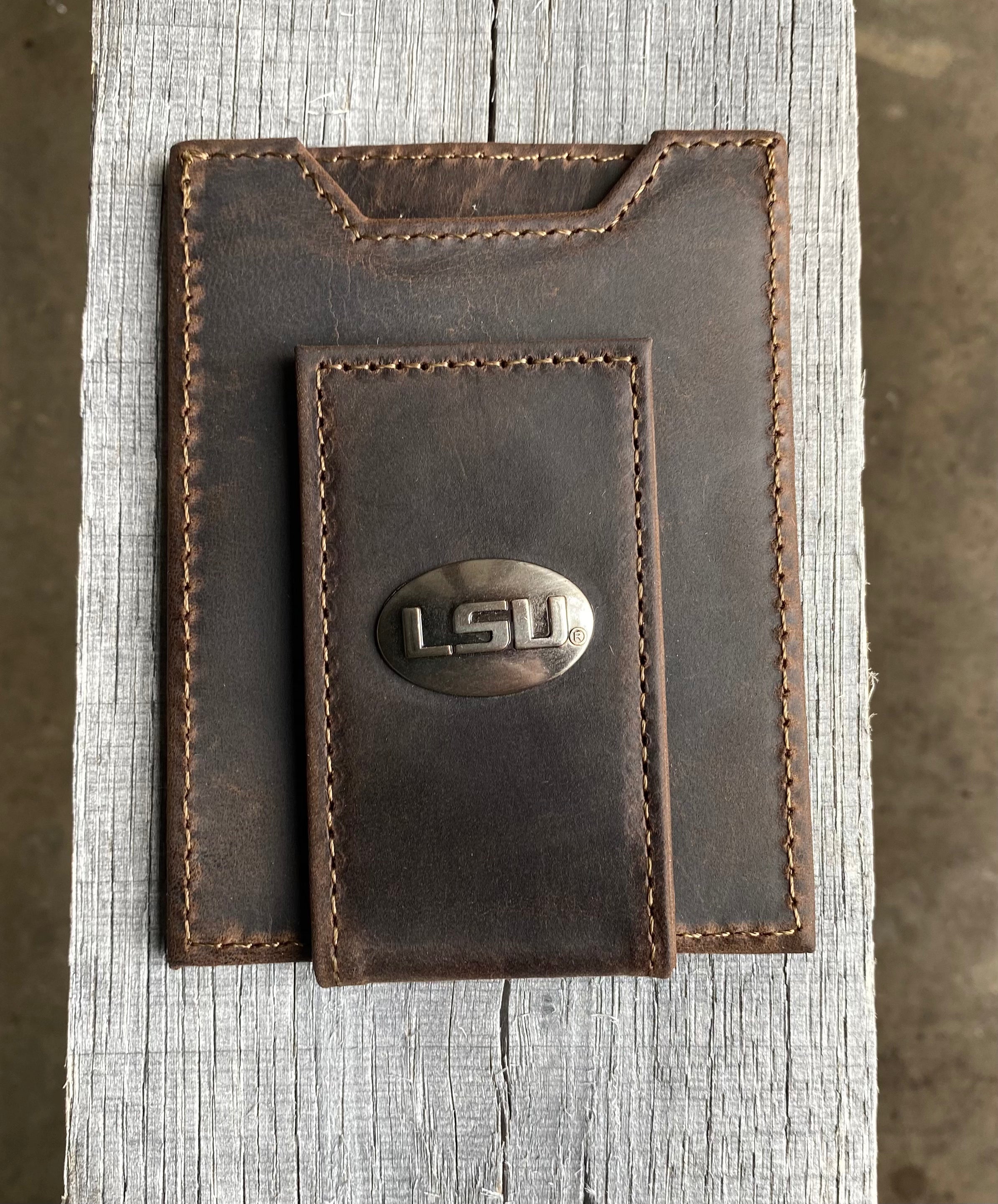 Zep Pro LSU Brown “Crazy Horse” Leather Front Pocket Wallet with brass LSU oval concho on bill closure tab. Front view.