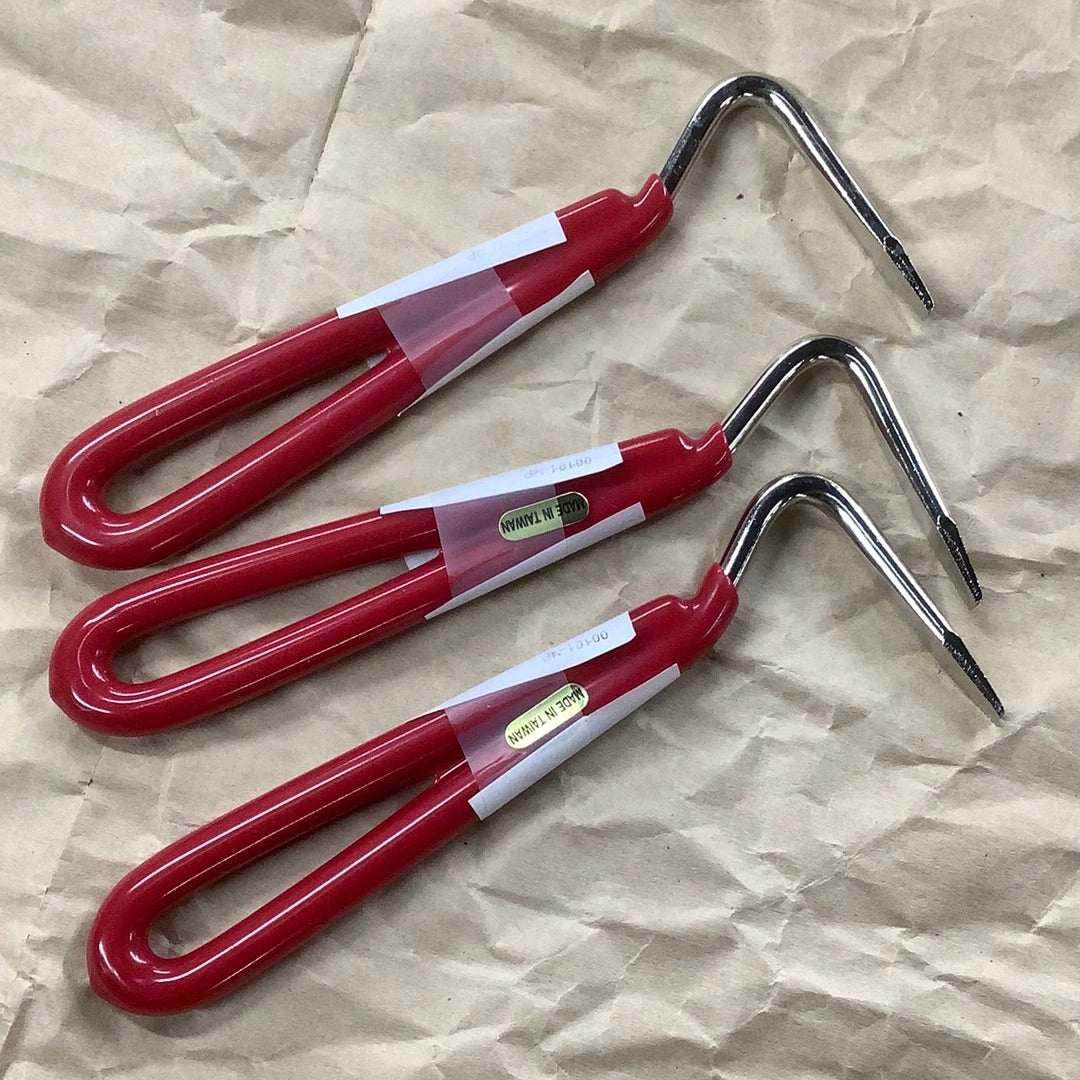 Nickel plated hoof pick with red vinyl handle.