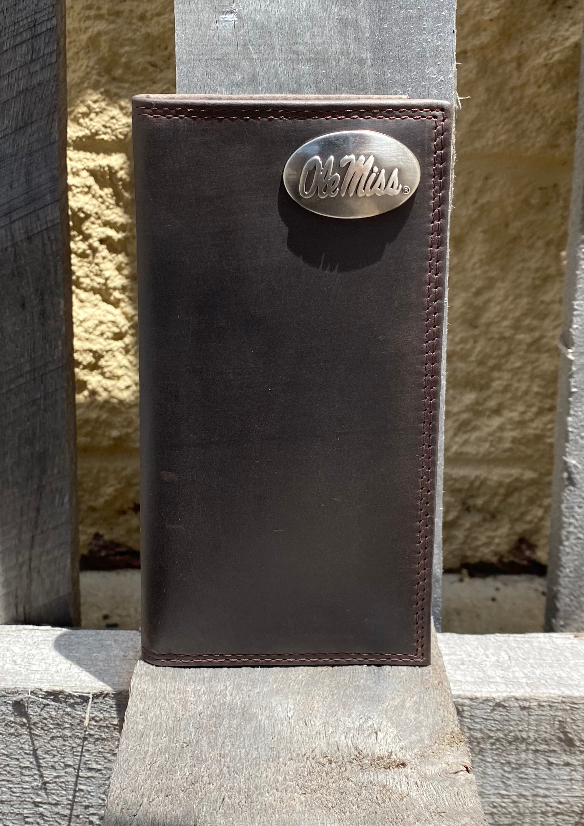 Zep Pro Ole Miss Brass Concho on Brown “Crazy Horse” Leather Tall Wallet. Front view