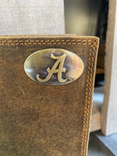 Zep Pro University of Alabama Roll Tide Vintage Tan Leather Tall Wallet front view showing concho