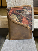 Zep-Pro Louisiana State University Tigers 1/2 Mossy Oak Camo/Brown leather Tri-fold Wallet. Front view