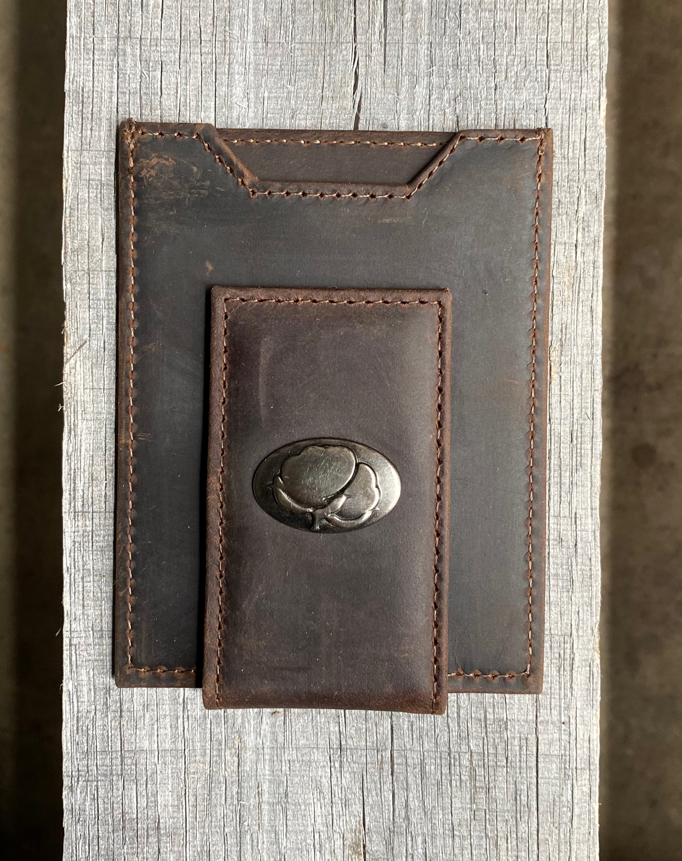 Zep Pro Cotton Boll Concho Brown “Crazy Horse” Leather Front Pocket Wallet with brass cotton boll oval concho on bill closure tab front view