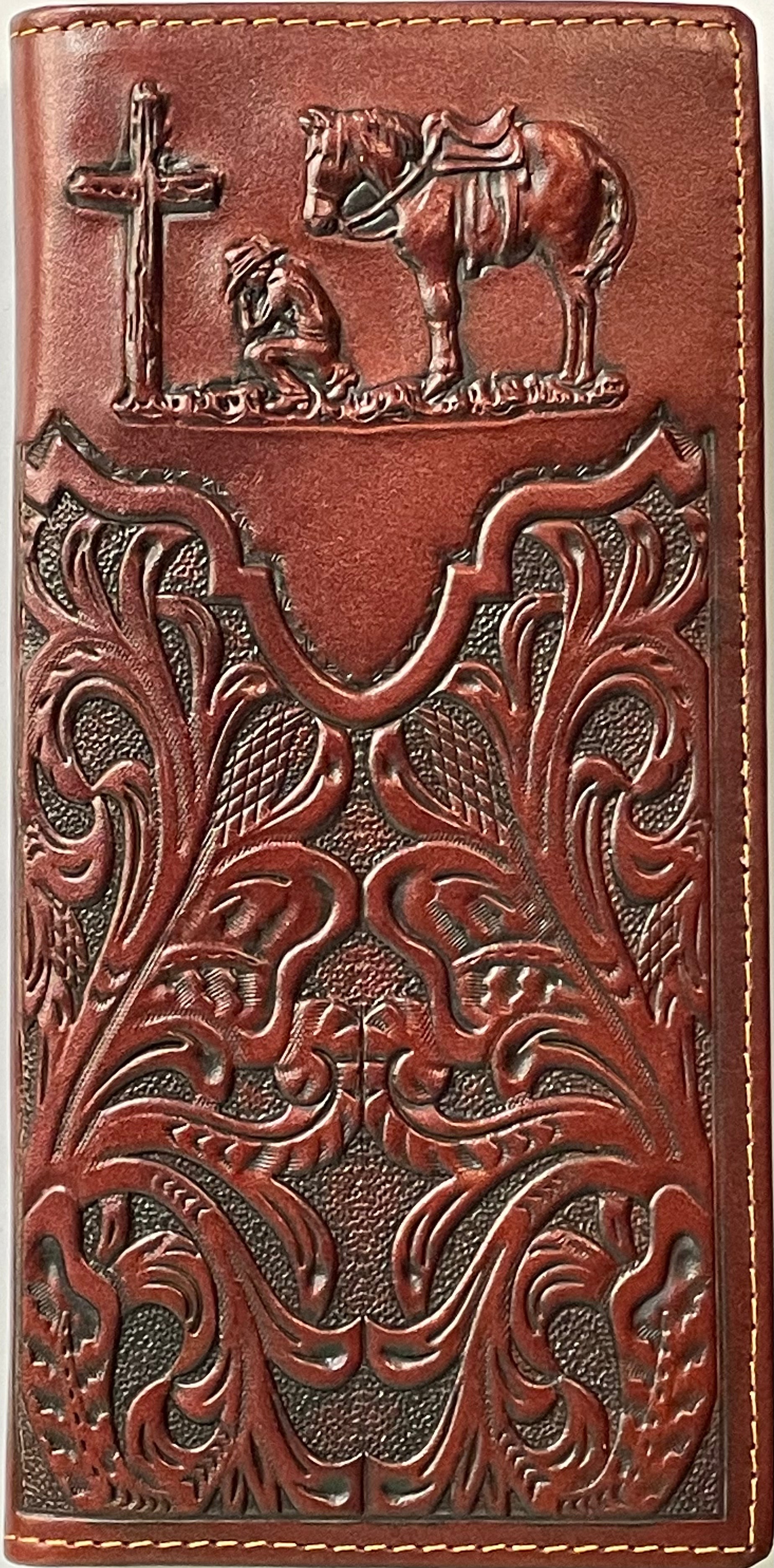 Tall leather wallet with a embossed Praying Cowboy design. Front View