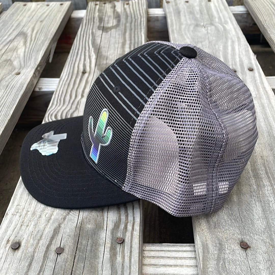 Black trucker cap with Grey stripes, Grey mesh back, a solid black bill and a Serape Cactus Patch. Side View