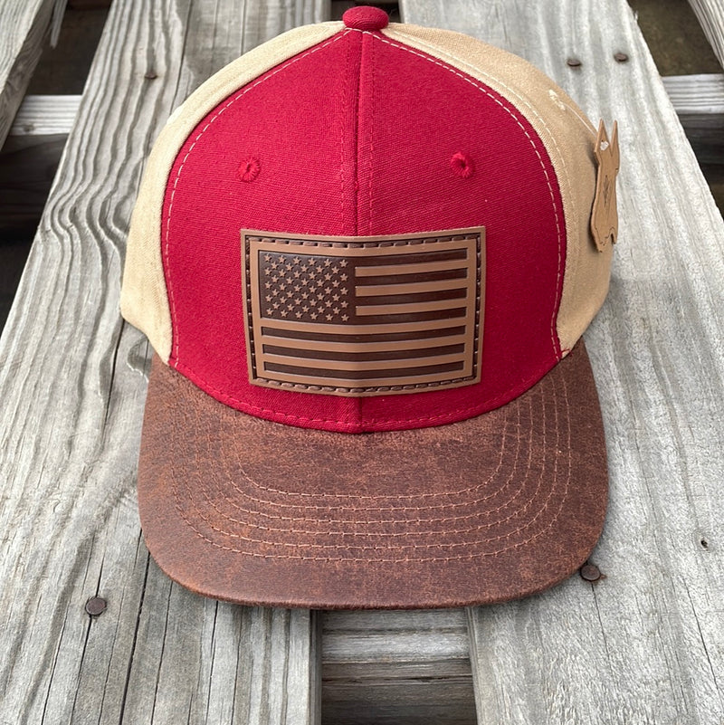 Cambridge American Flag Leather Patch/Leather Bill Red/Tan Snap Back Cap