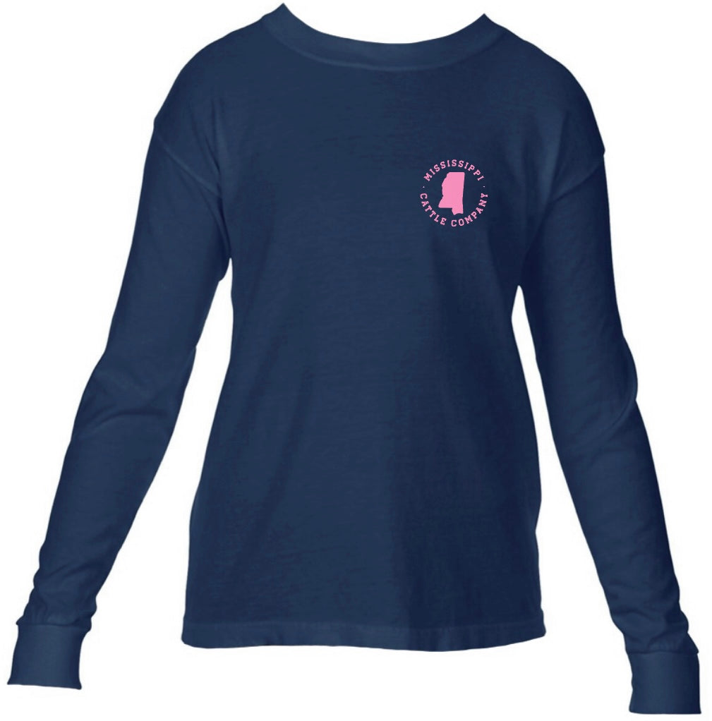Youth YTHMSCATTLELS-5 Mississippi Cattle Company Navy Long Sleeve Comfort Color T-Shirt *CLOSEOUT*