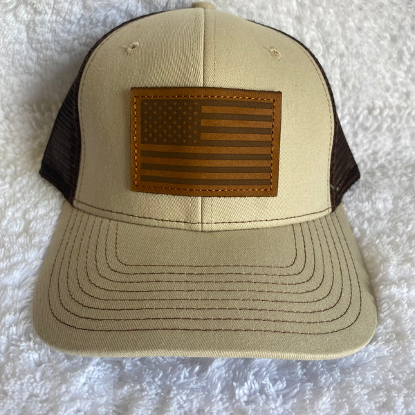 American Flag Leather Patch HW-LAF-TBR Tan/Brown Snap Back Trucker Cap