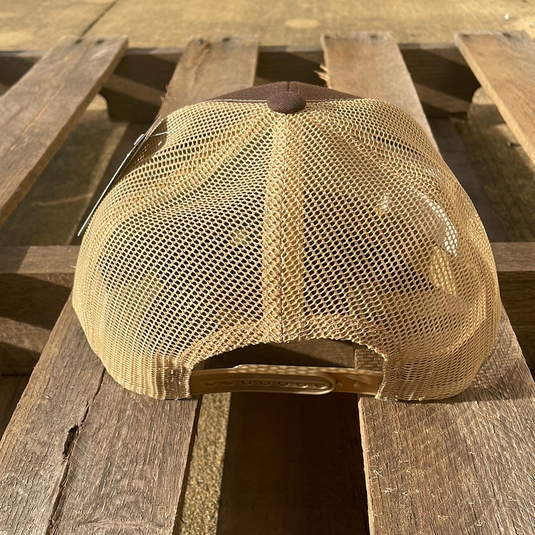 Brown and khaki snapback cap with an embroidered American flag patch on the front and a Khaki mesh back. Rear View 