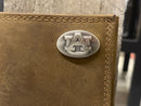 Zep-Pro Auburn University Tigers Light Brown “Crazy Horse” Leather Tri-fold Wallet. front view focusing on concho.