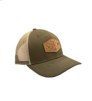 Hunters Logo Leather Patch HW-LOS-OB Olive Green/Khaki Snap Back Trucker Cap