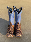 Men's Anderson Bean cowboy boots in cigar matte big bass and a royal sinsation top. Front View