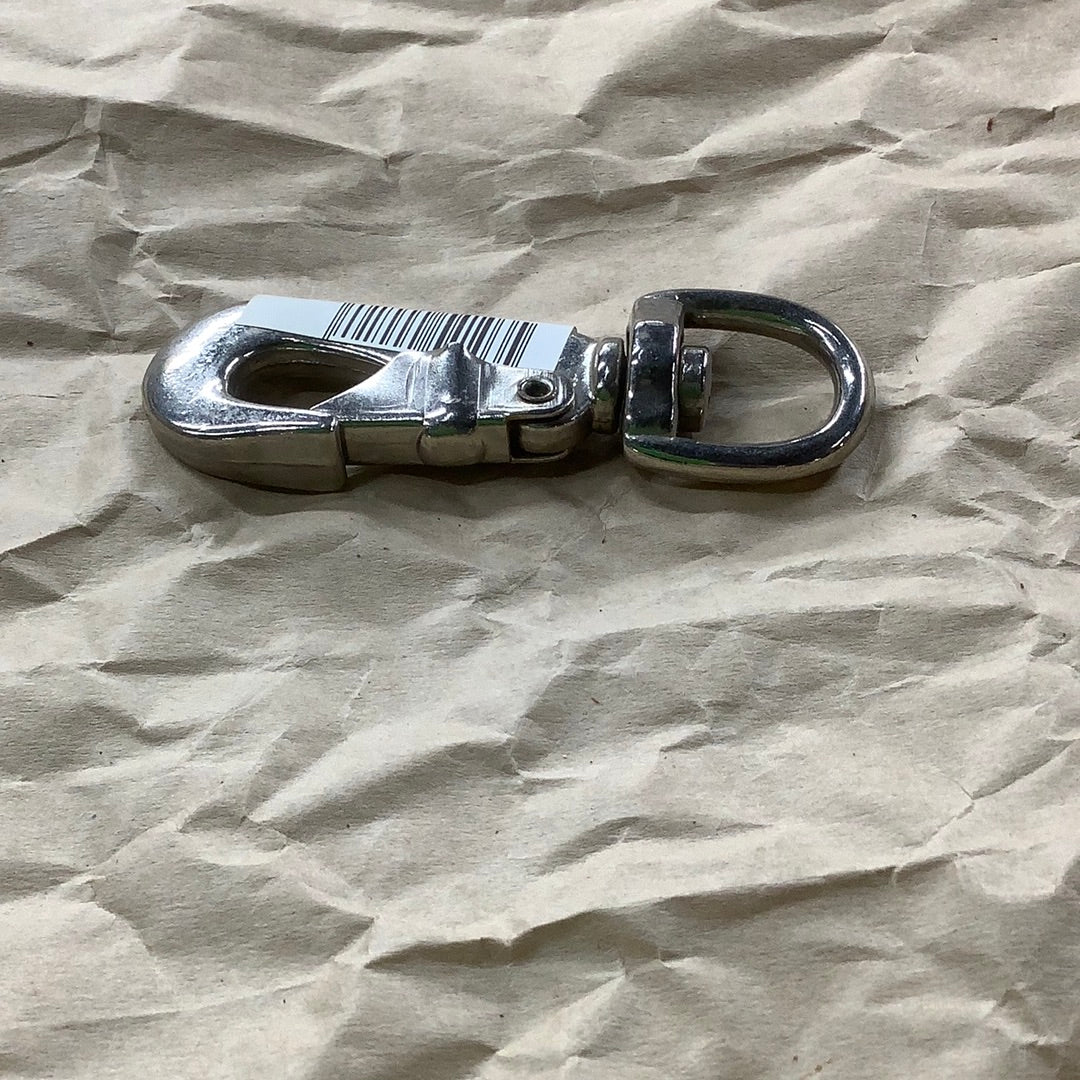 Large heavy nickel plated spring snap with round ring on bottom.