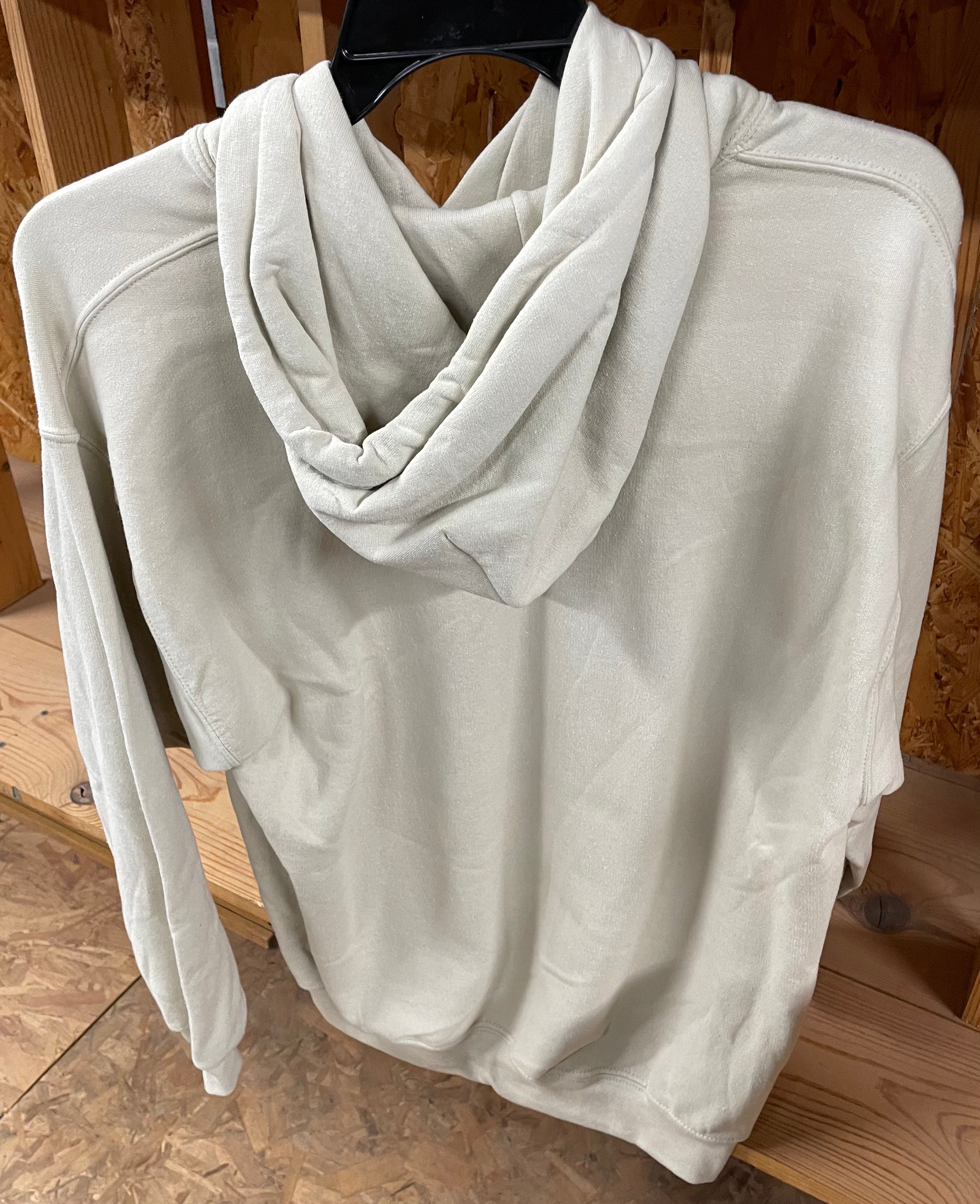 Back view of khaki Real Tree Buck hoodie showing hood, banded waist and long sleeves.